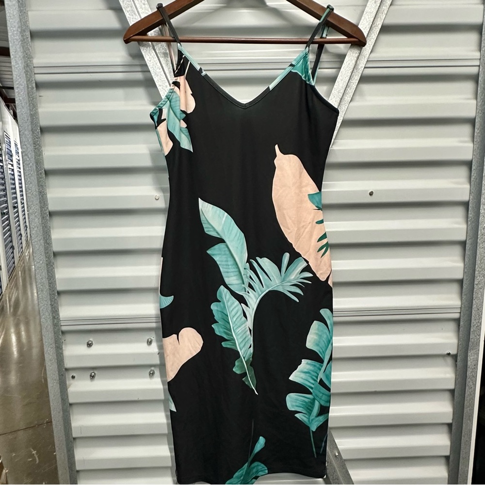 SHEIN Black Tropical Print Mini Dress with Teal and Beige Leaves